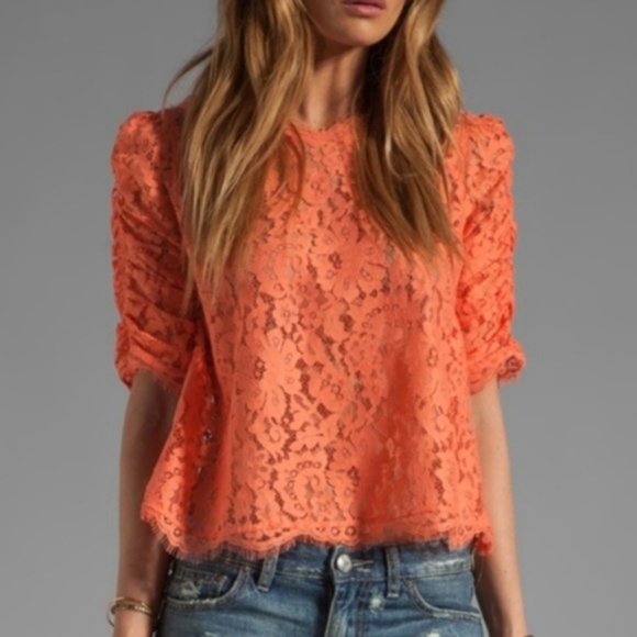Joie Tops - Joie Fanny Lace Top in Hot Coral